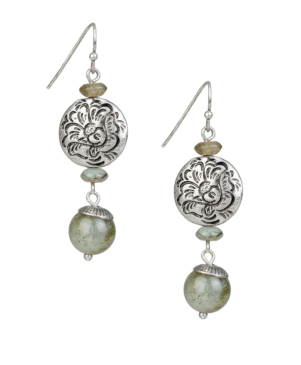 Female - Lentil Bead Dangle Earrings - Etched Rose - silver ox - by Patricia Nash - View 1 of 2