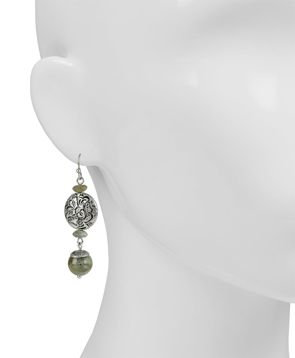 Female - Lentil Bead Dangle Earrings - Etched Rose - silver ox - by Patricia Nash - View 2 of 2