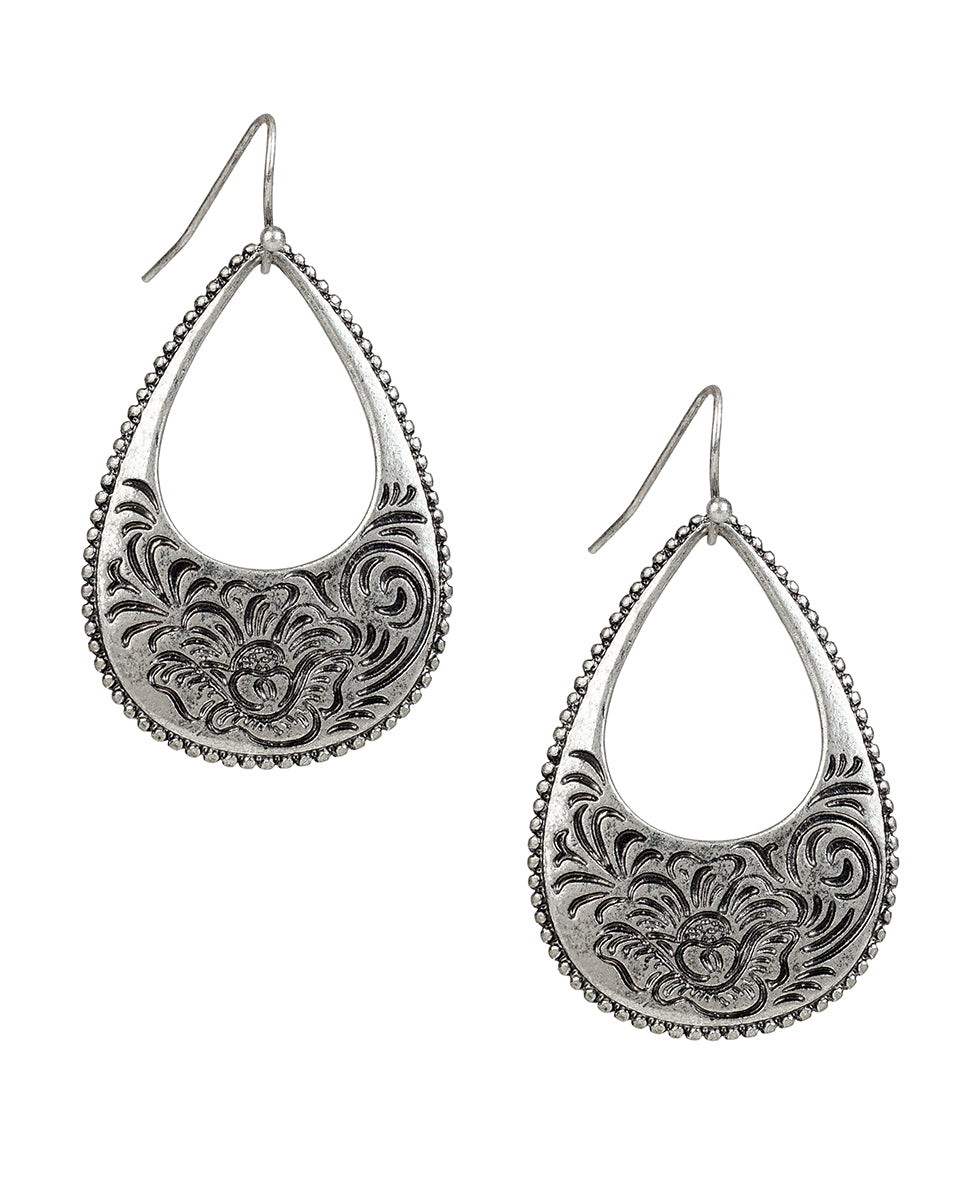 Female - Tear Drop Earrings - Etched Rose - silver ox - by Patricia Nash - View 1 of 2