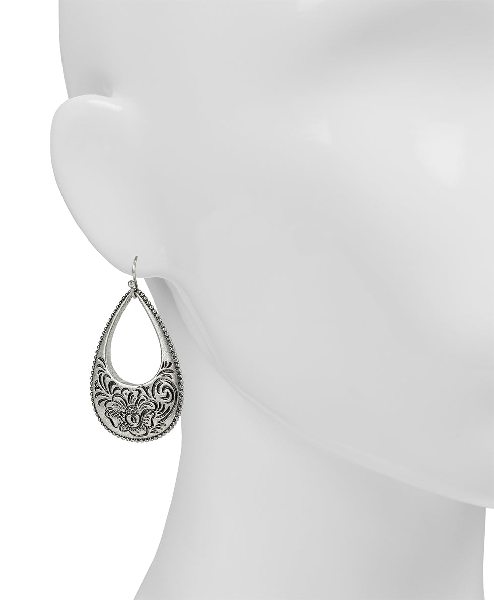 Female - Tear Drop Earrings - Etched Rose - silver ox - by Patricia Nash - View 2 of 2