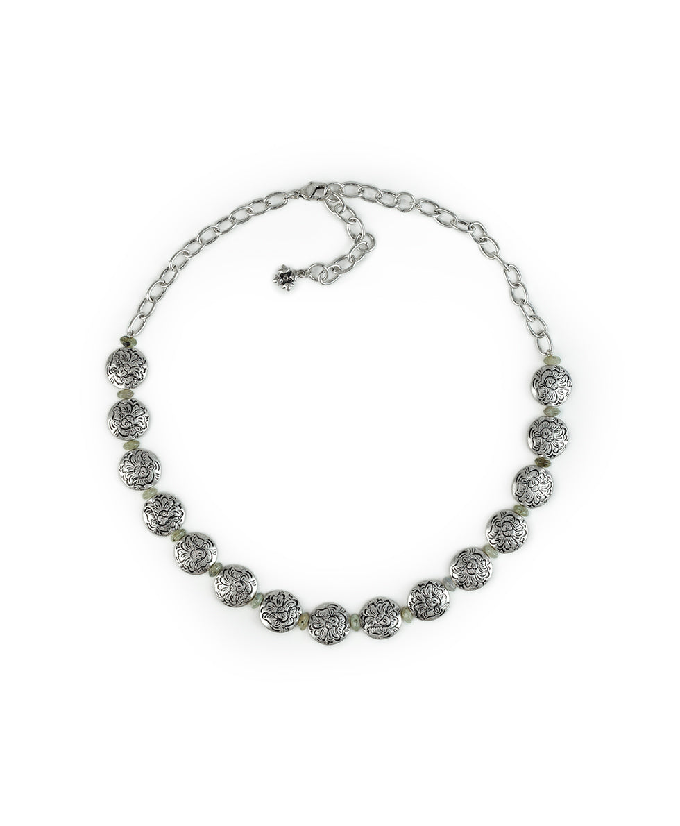 Female - Lentil Bead Short Necklace - Etched Rose - silver ox - by Patricia Nash - View 1 of 2