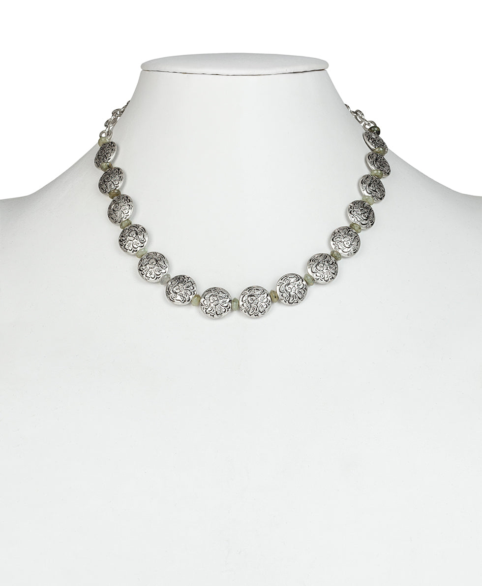 Female - Lentil Bead Short Necklace - Etched Rose - silver ox - by Patricia Nash - View 2 of 2
