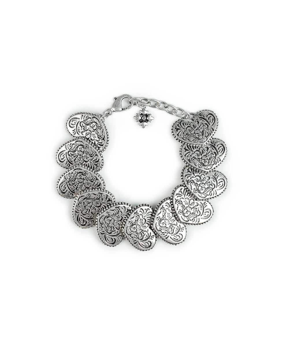 Female - Heart Link Bracelet - Etched Rose - silver ox - by Patricia Nash - View 1 of 3