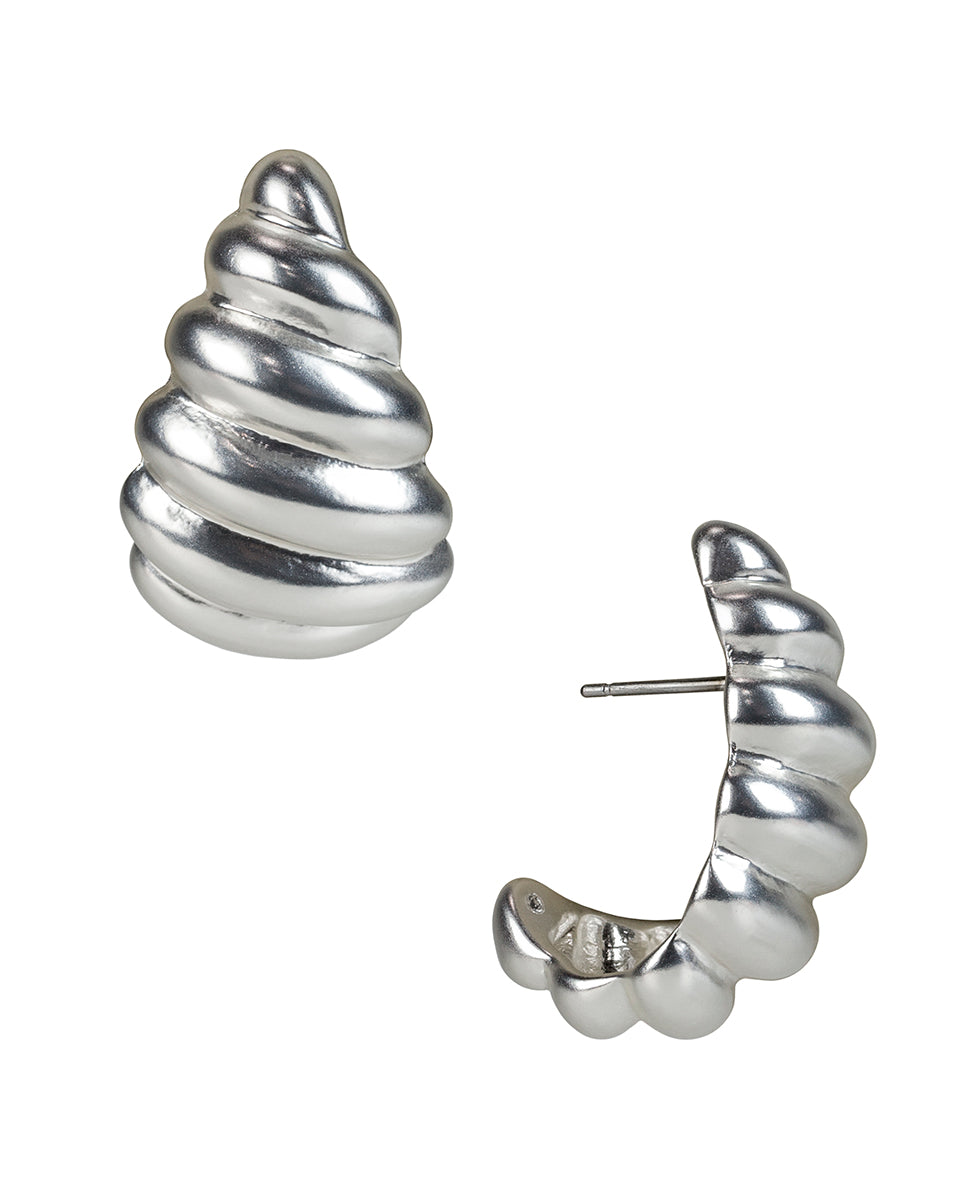 Female - Scalloped J Hoop Post Earrings - Rope Ring - matte silver - by Patricia Nash - View 1 of 2