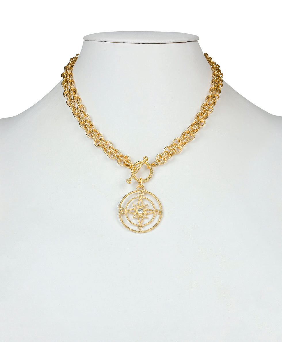 Female - Compass Necklace - Rope Ring - matte gold - by Patricia Nash - View 5 of 5