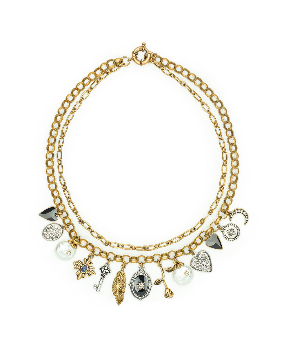 Female - Double Chain Charm Necklace - Charming - antique gold / silver ox / hematite - by Patricia Nash - View 1 of 3