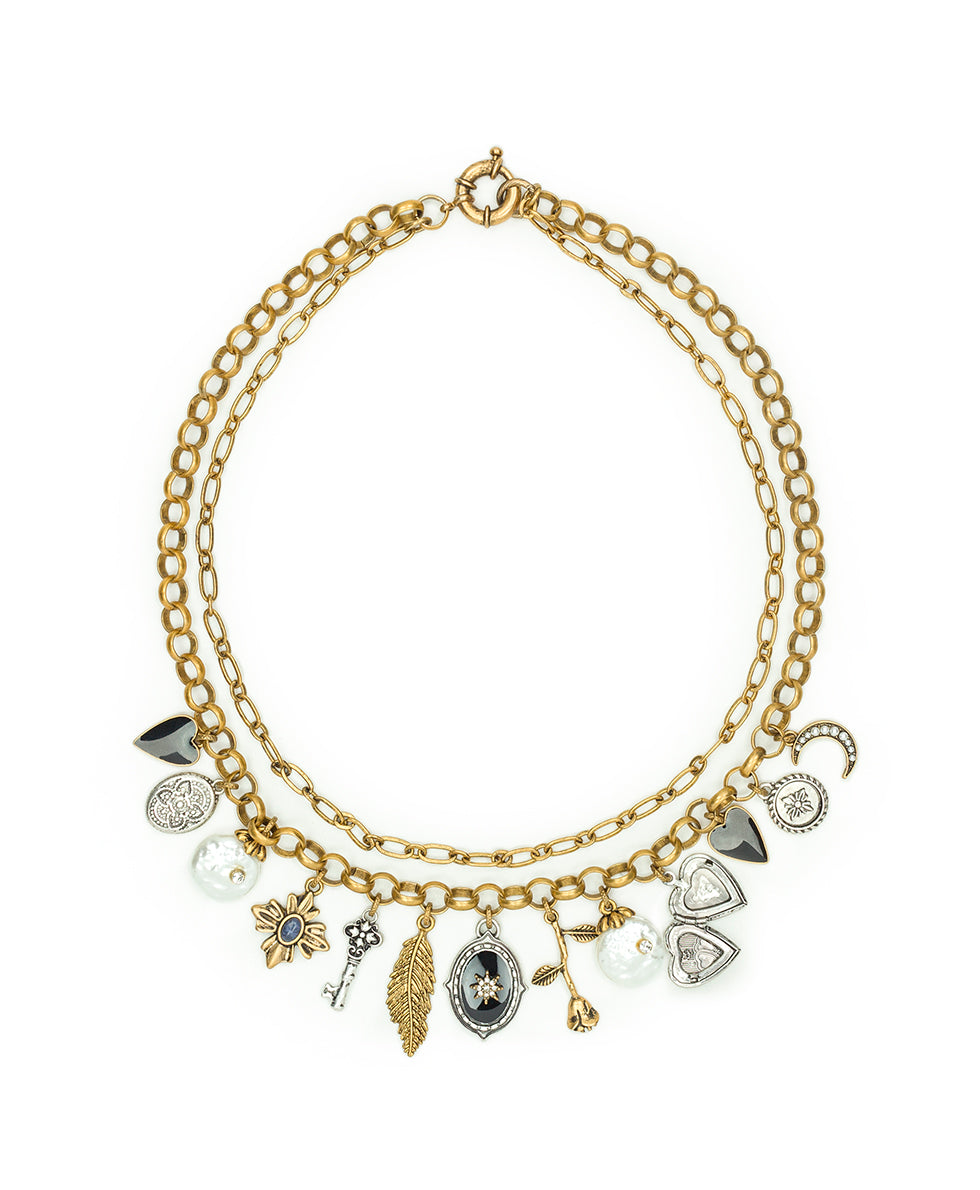 Female - Double Chain Charm Necklace - Charming - antique gold / silver ox / hematite - by Patricia Nash - View 2 of 3