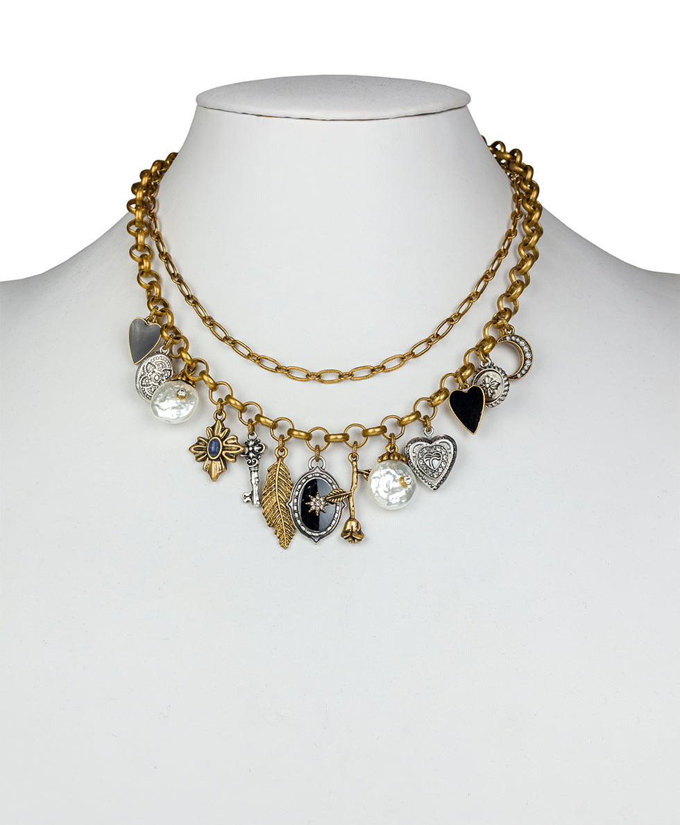 Female - Double Chain Charm Necklace - Charming - antique gold / silver ox / hematite - by Patricia Nash - View 3 of 3
