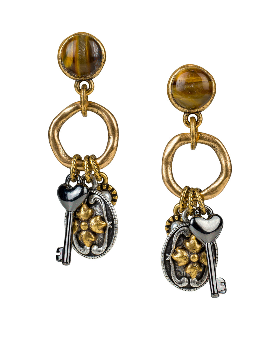 Female - Tiger Eye Multi Charm Drop Earrings - Charming - antique gold / silver ox / hematite - by Patricia Nash - View 1 of 2