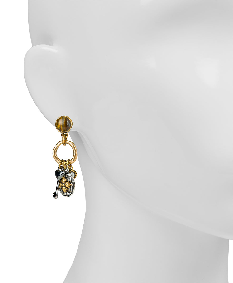 Female - Tiger Eye Multi Charm Drop Earrings - Charming - antique gold / silver ox / hematite - by Patricia Nash - View 2 of 2