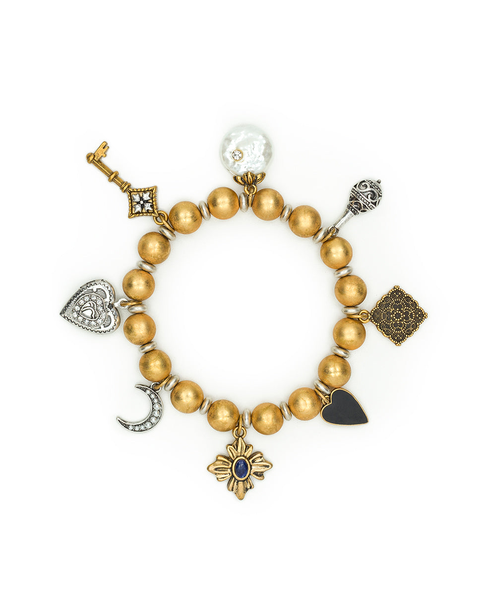 Female - Stretch Charm Bracelet - Charming - antique gold / silver ox / hematite - by Patricia Nash - View 1 of 3