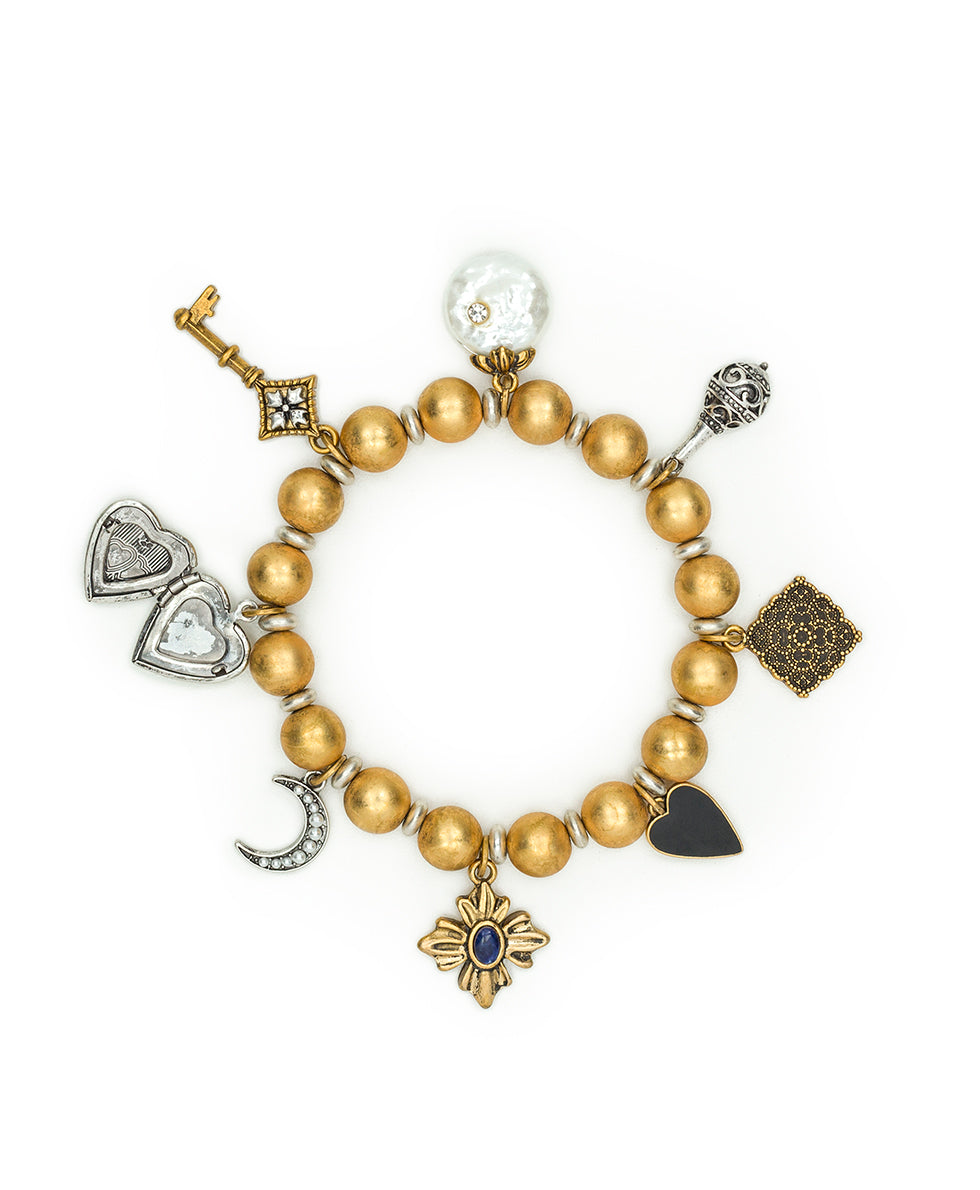 Female - Stretch Charm Bracelet - Charming - antique gold / silver ox / hematite - by Patricia Nash - View 2 of 3