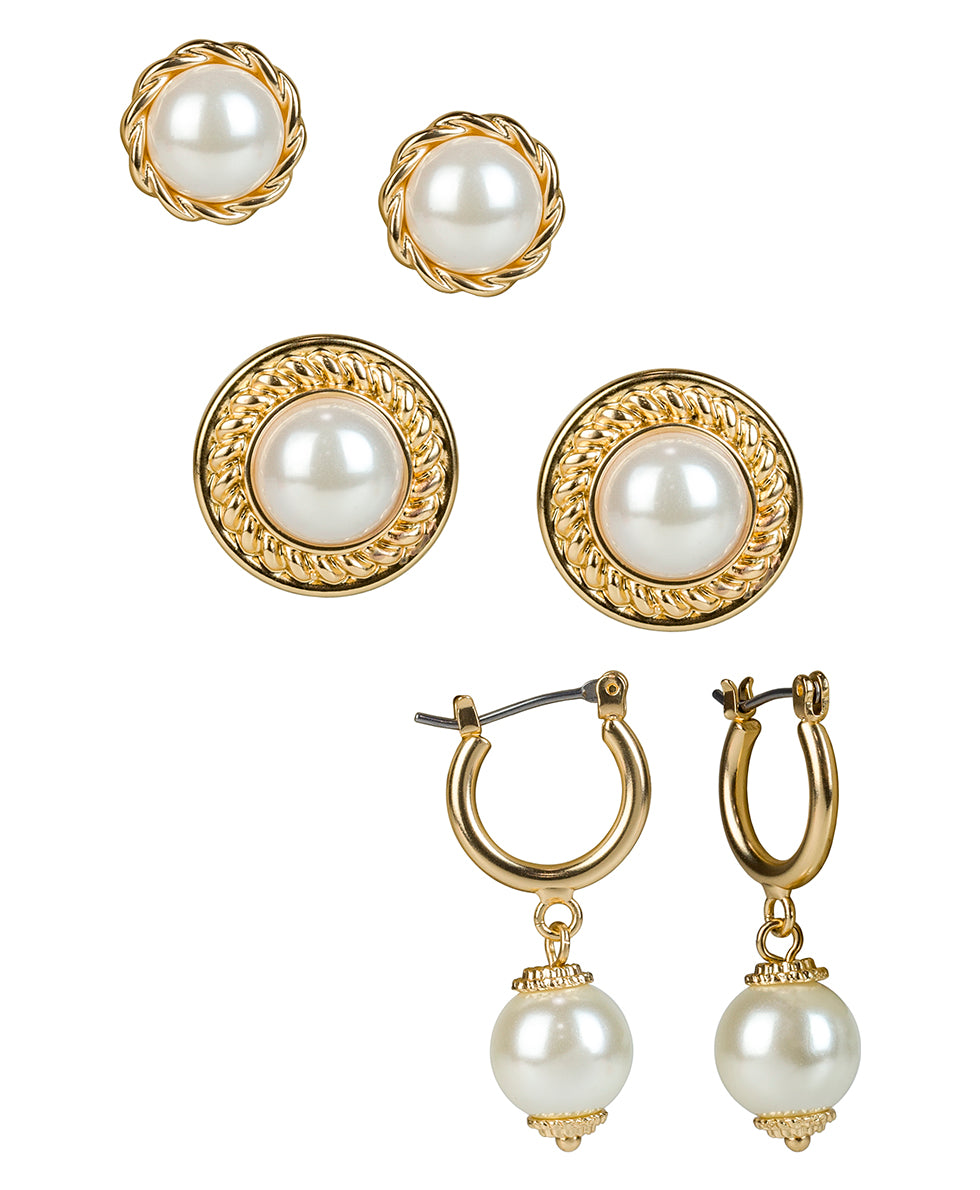 Female - 3 Set Pearl Earrings - satin gold - by Patricia Nash - View 1 of 4
