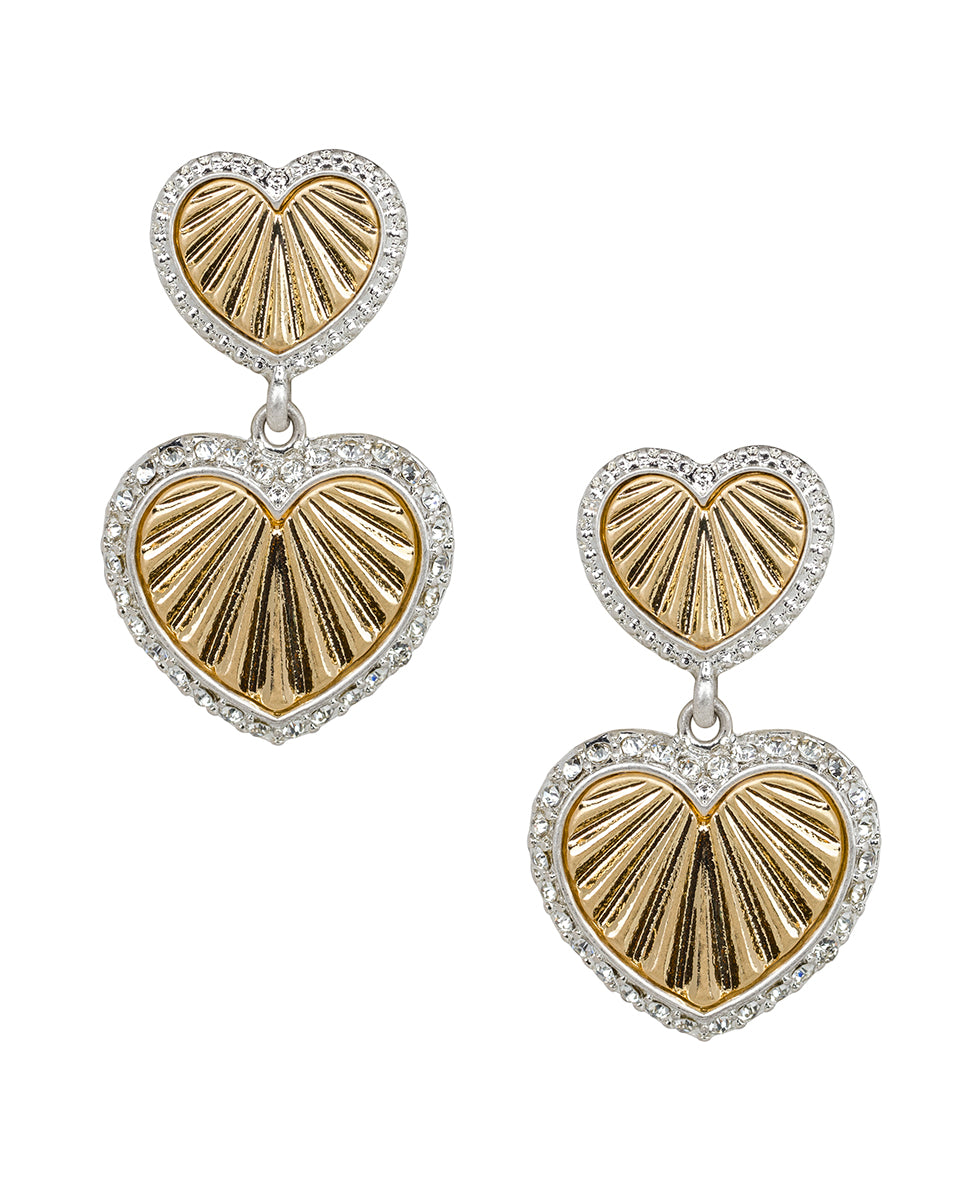 Female - Double Heart Drop Post Earrings - Lovely Sparkle - worn silver / worn gold - by Patricia Nash - View 1 of 2