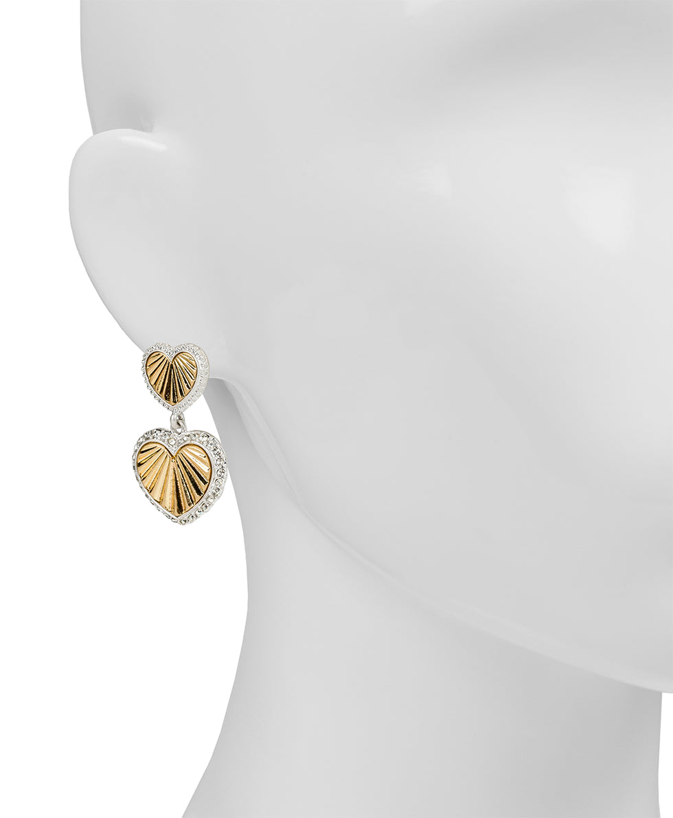 Female - Double Heart Drop Post Earrings - Lovely Sparkle - worn silver / worn gold - by Patricia Nash - View 2 of 2