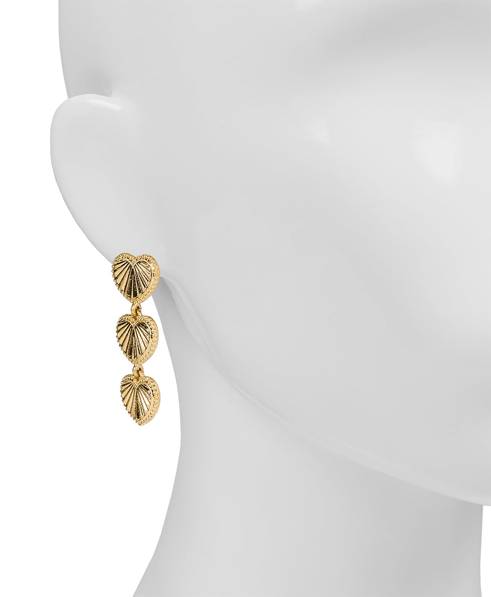 Female - Triple Heart Post Earrings - Lovely Sparkle - worn gold - by Patricia Nash - View 2 of 2