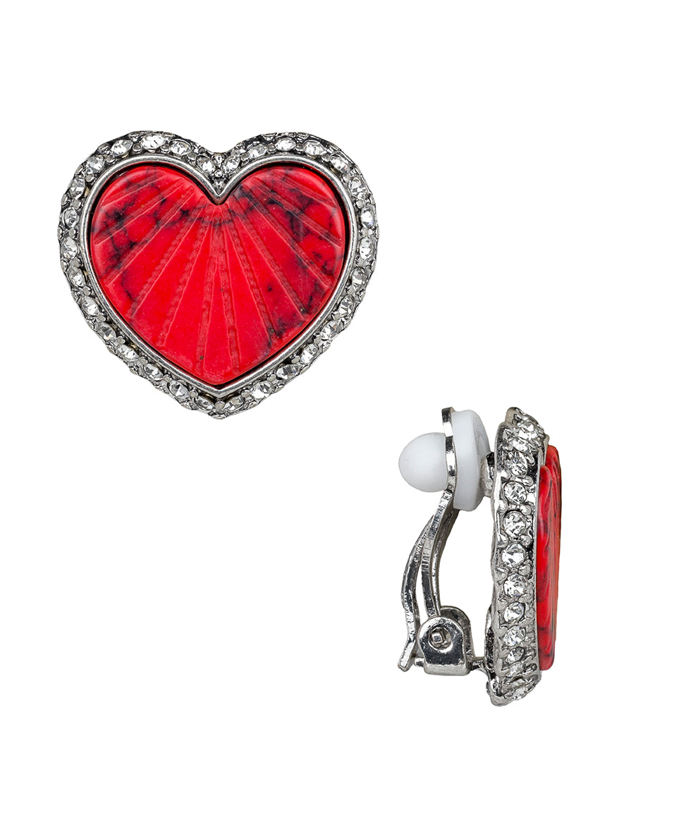 Female - Heart Button Clip Earrings - Lovely Stone - silver ox - by Patricia Nash - View 1 of 2