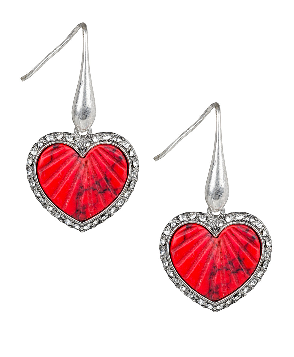 Female - Heart Drop Earrings - Lovely Stone - silver ox / red - by Patricia Nash - View 1 of 3