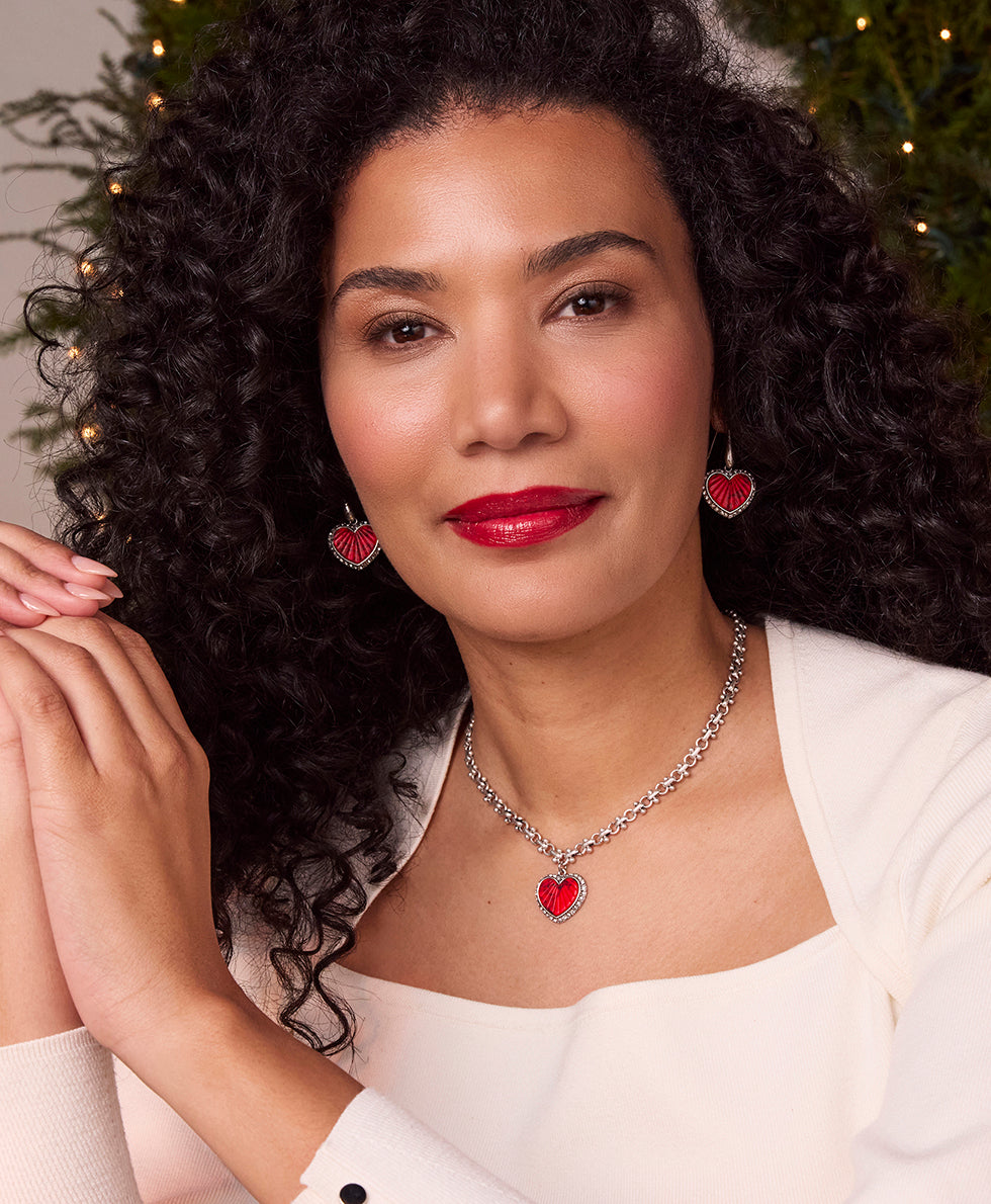 Female - Heart Drop Earrings - Lovely Stone - silver ox / red - by Patricia Nash - View 3 of 3