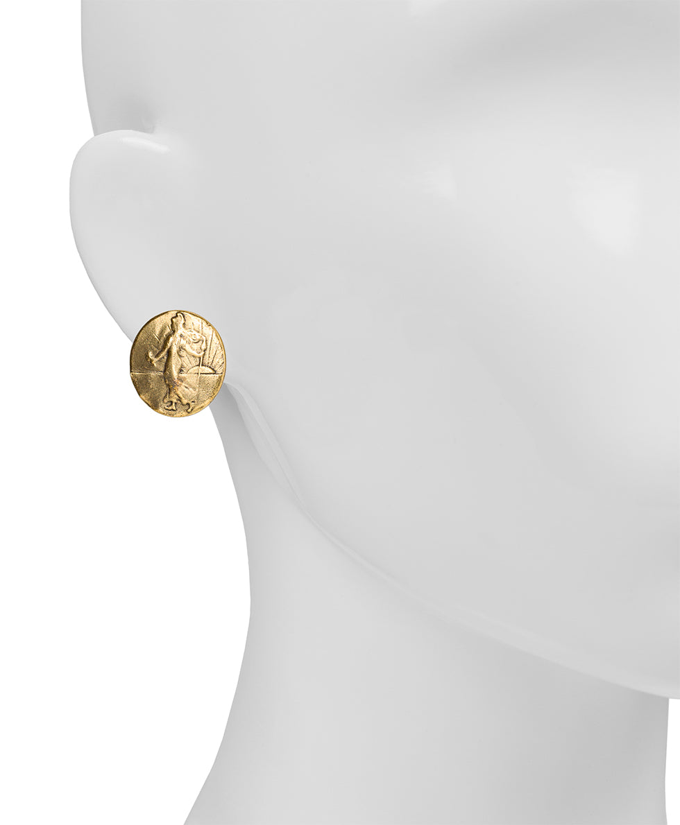Female - Goddess Button Earrings - Coin - egyptian gold - by Patricia Nash - View 2 of 2