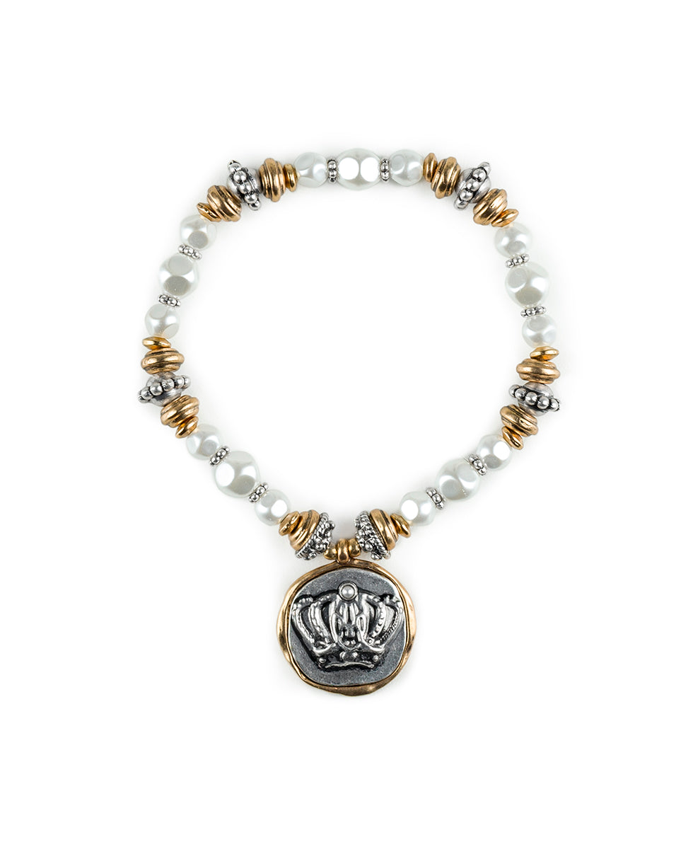 Female - Crown Stretch Bracelet - Coin - antique gold / silver ox - by Patricia Nash - View 1 of 2