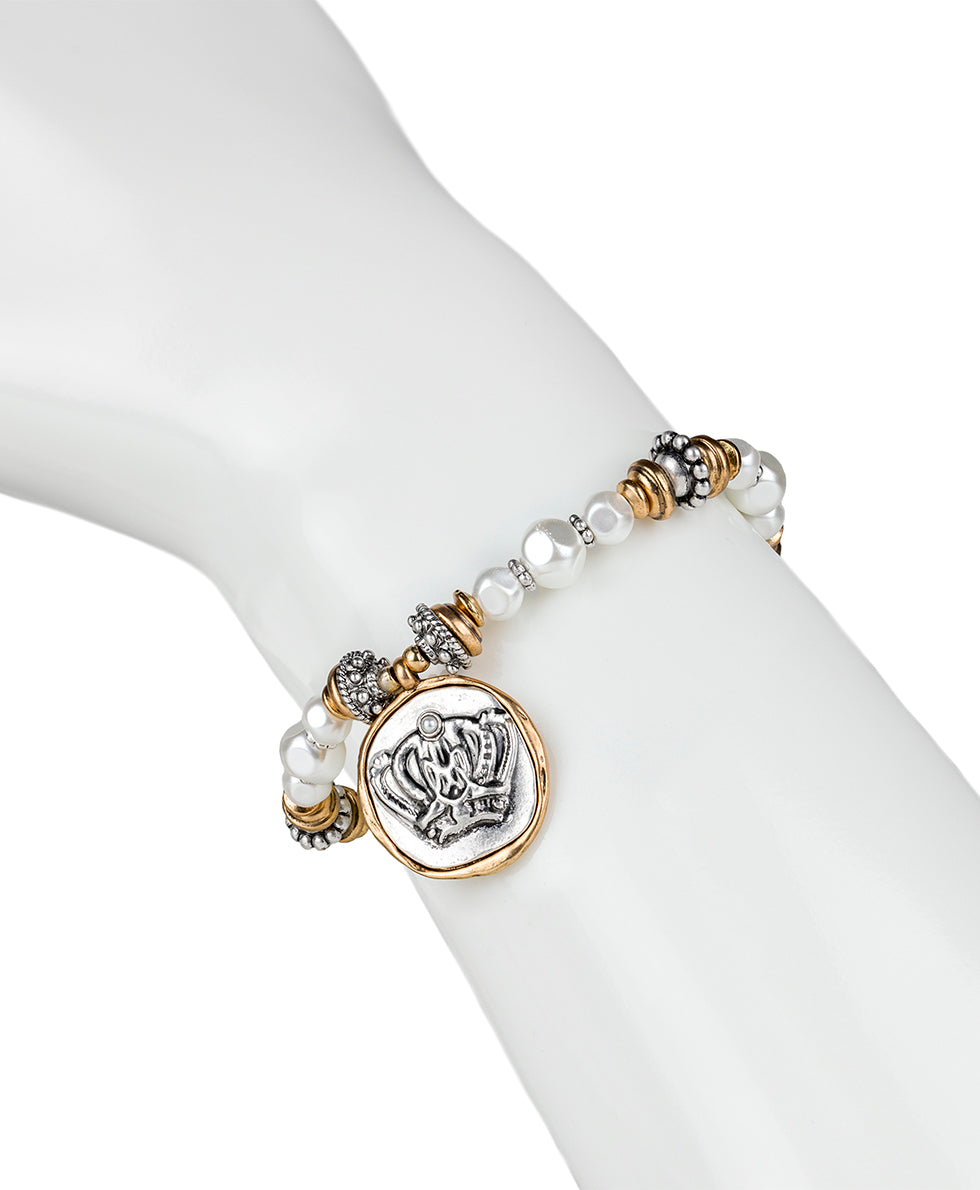 Female - Crown Stretch Bracelet - Coin - antique gold / silver ox - by Patricia Nash - View 2 of 2