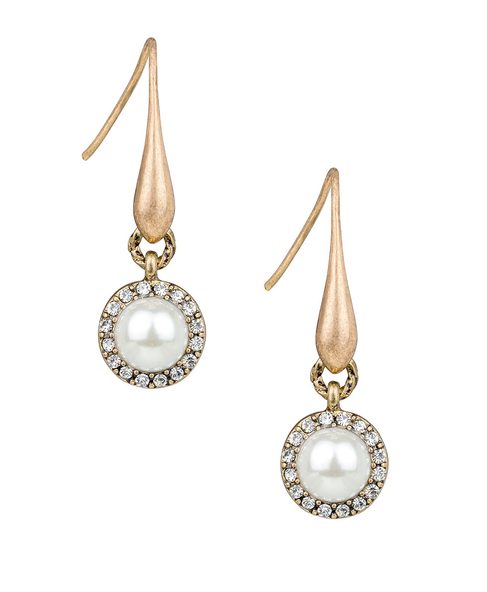 Female - Pavé Pearl Drop Earrings - Bee Happy - antique gold - by Patricia Nash - View 1 of 2