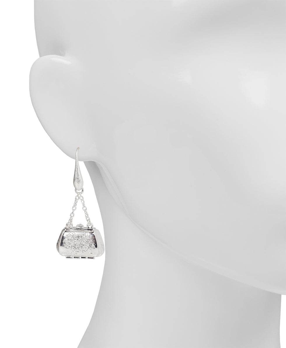 Female - Handbag Chain Drop Earrings - Handbag - worn silver - by Patricia Nash - View 2 of 2