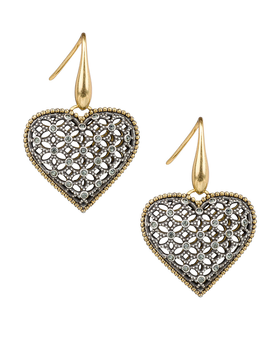 Female - Heart Drop Earrings - Filigree - antique gold / silver ox - by Patricia Nash - View 1 of 2