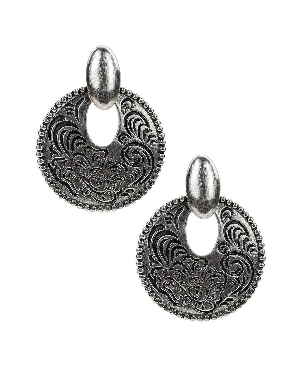 Doorknocker Earrings - Etched Tooled - silver ox - by Patricia Nash - View 1 of 2