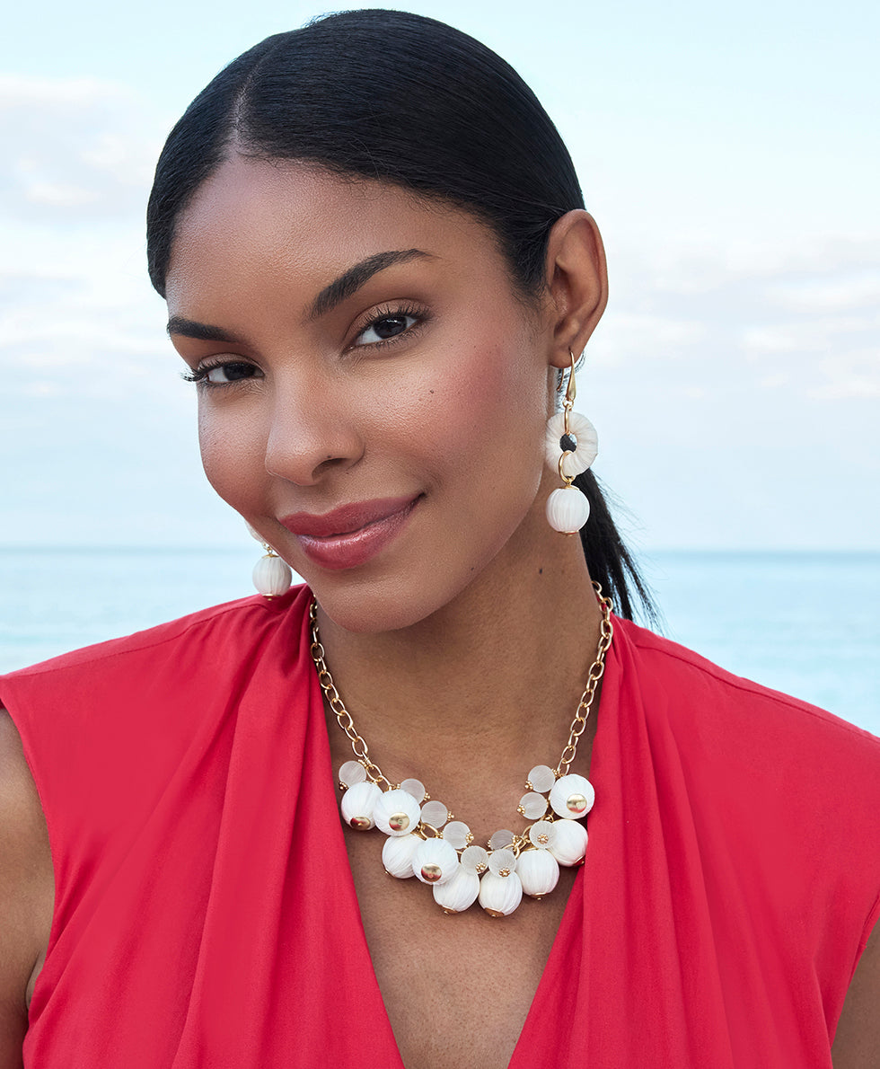 Female - Ring with Bead Drop Earrings - Raffia Beaded - chalk white / matte gold - by Patricia Nash - View 3 of 3