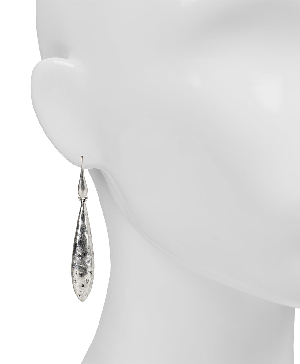 Female - Long Tear Drop Earrings - Hammered - worn gold - by Patricia Nash - View 4 of 6