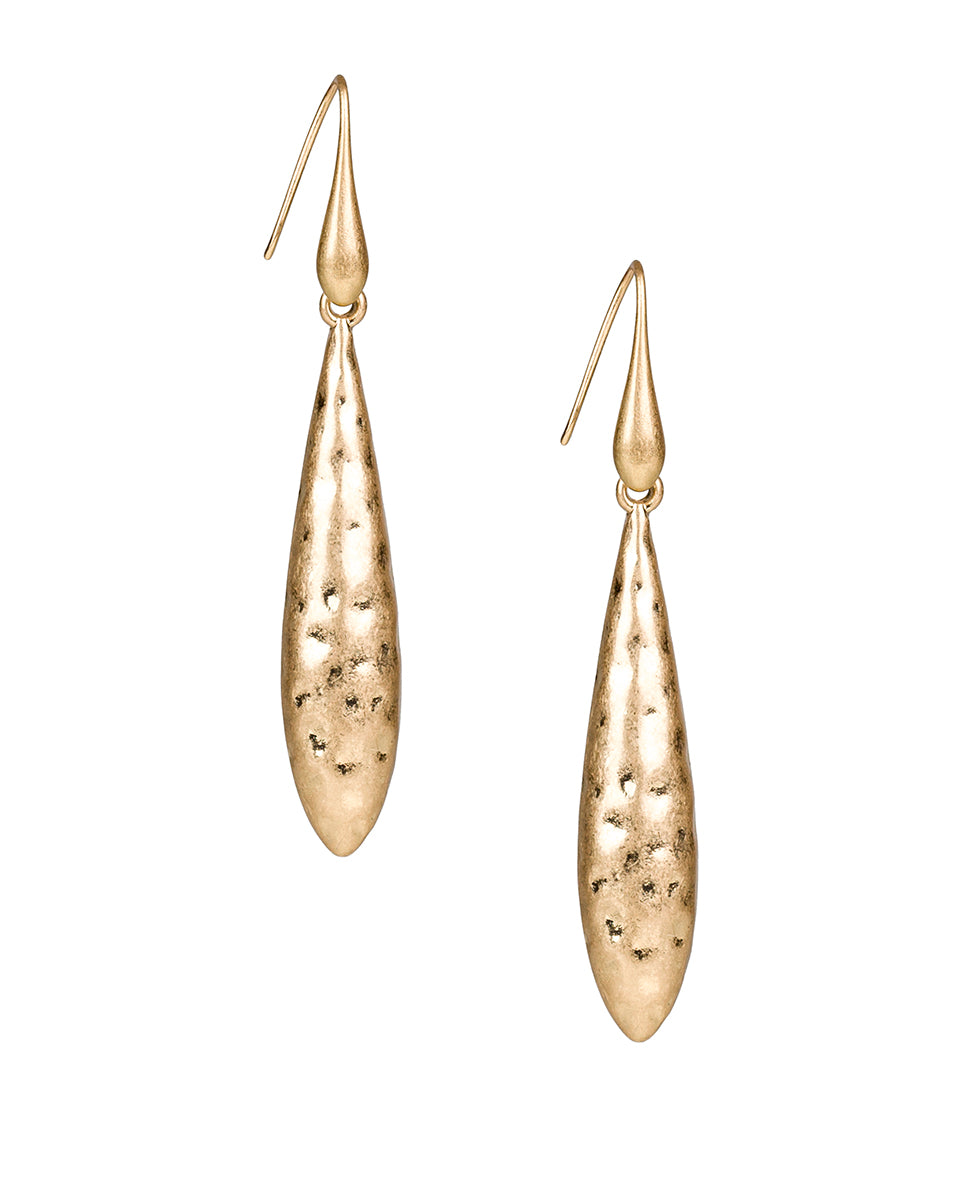 Female - Long Tear Drop Earrings - Hammered - worn gold - by Patricia Nash - View 1 of 2