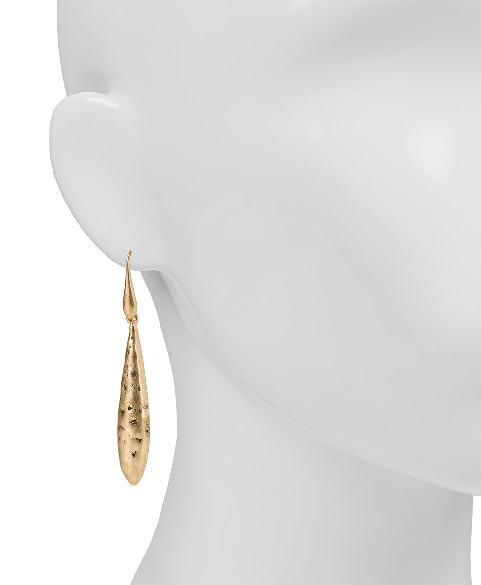 Female - Long Tear Drop Earrings - Hammered - worn gold - by Patricia Nash - View 2 of 2