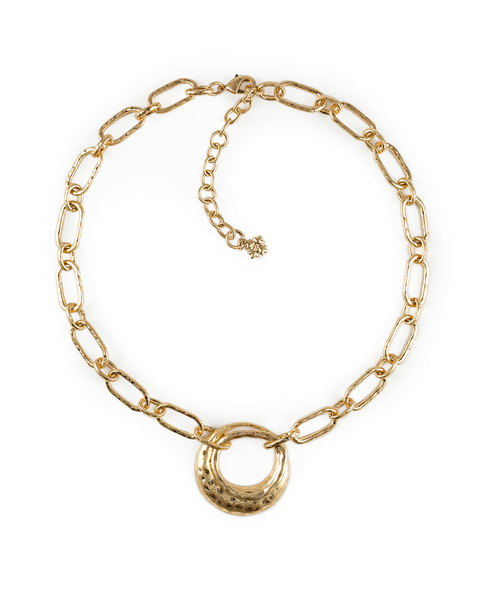 Female - Double Circle Necklace - Hammered - worn gold / silver ox - by Patricia Nash - View 4 of 7