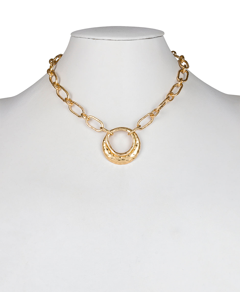 Female - Double Circle Necklace - Hammered - worn gold / silver ox - by Patricia Nash - View 5 of 7