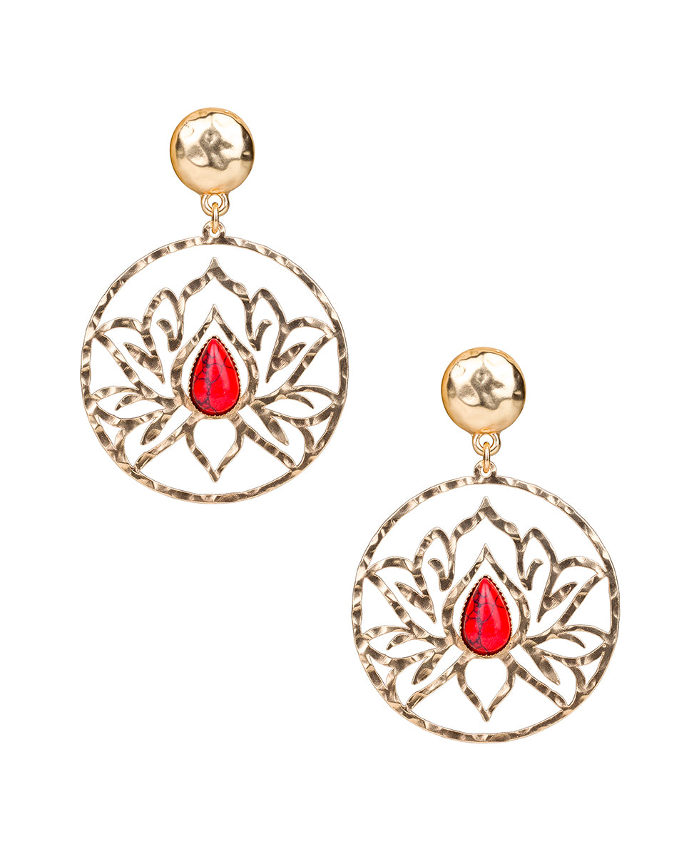 Female - Lotus Doorknocker Earrings - Lotus Flower - pink magnesite / matte gold - by Patricia Nash - View 1 of 2