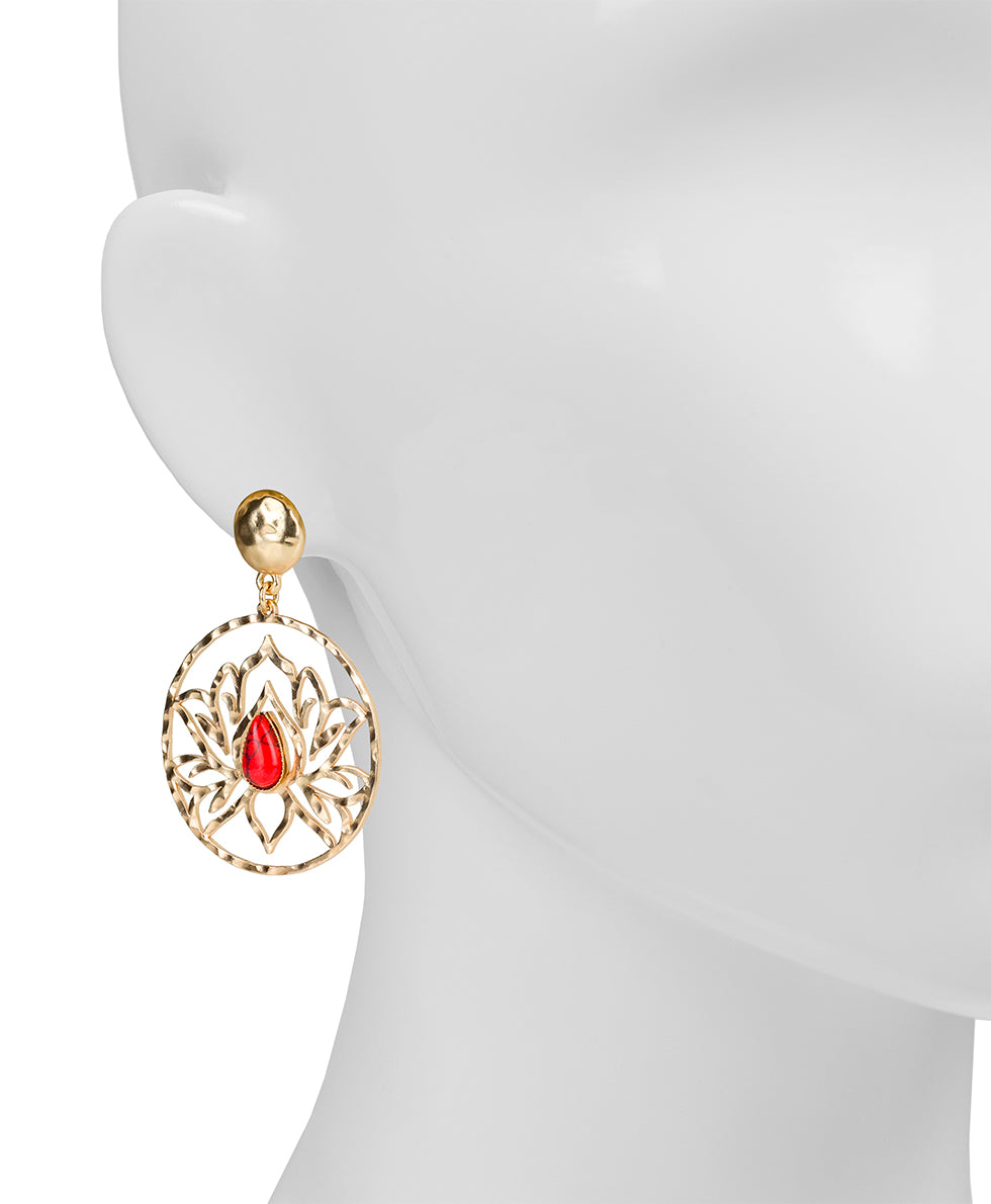 Female - Lotus Doorknocker Earrings - Lotus Flower - pink magnesite / matte gold - by Patricia Nash - View 2 of 2