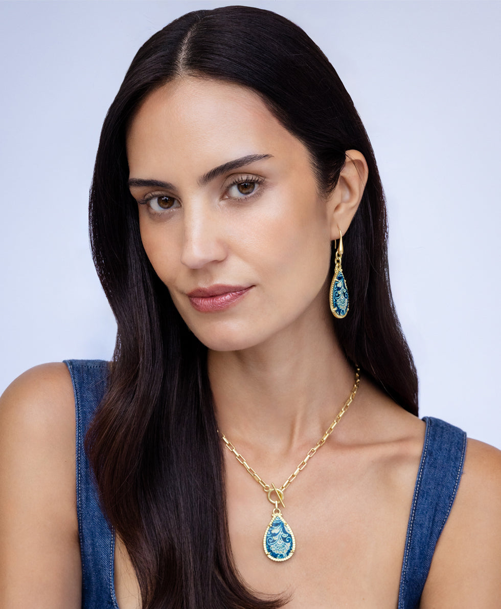 Female - Eleni Wire Drop Earrings - Leather Inset - greek floral spot / egyptian gold - by Patricia Nash - View 3 of 3