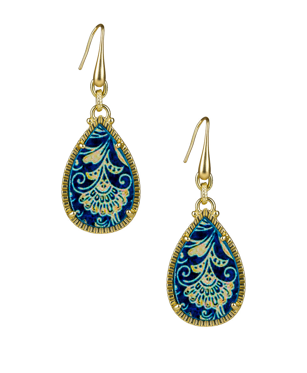 Female - Eleni Wire Drop Earrings - Leather Inset - greek floral spot / egyptian gold - by Patricia Nash - View 1 of 3