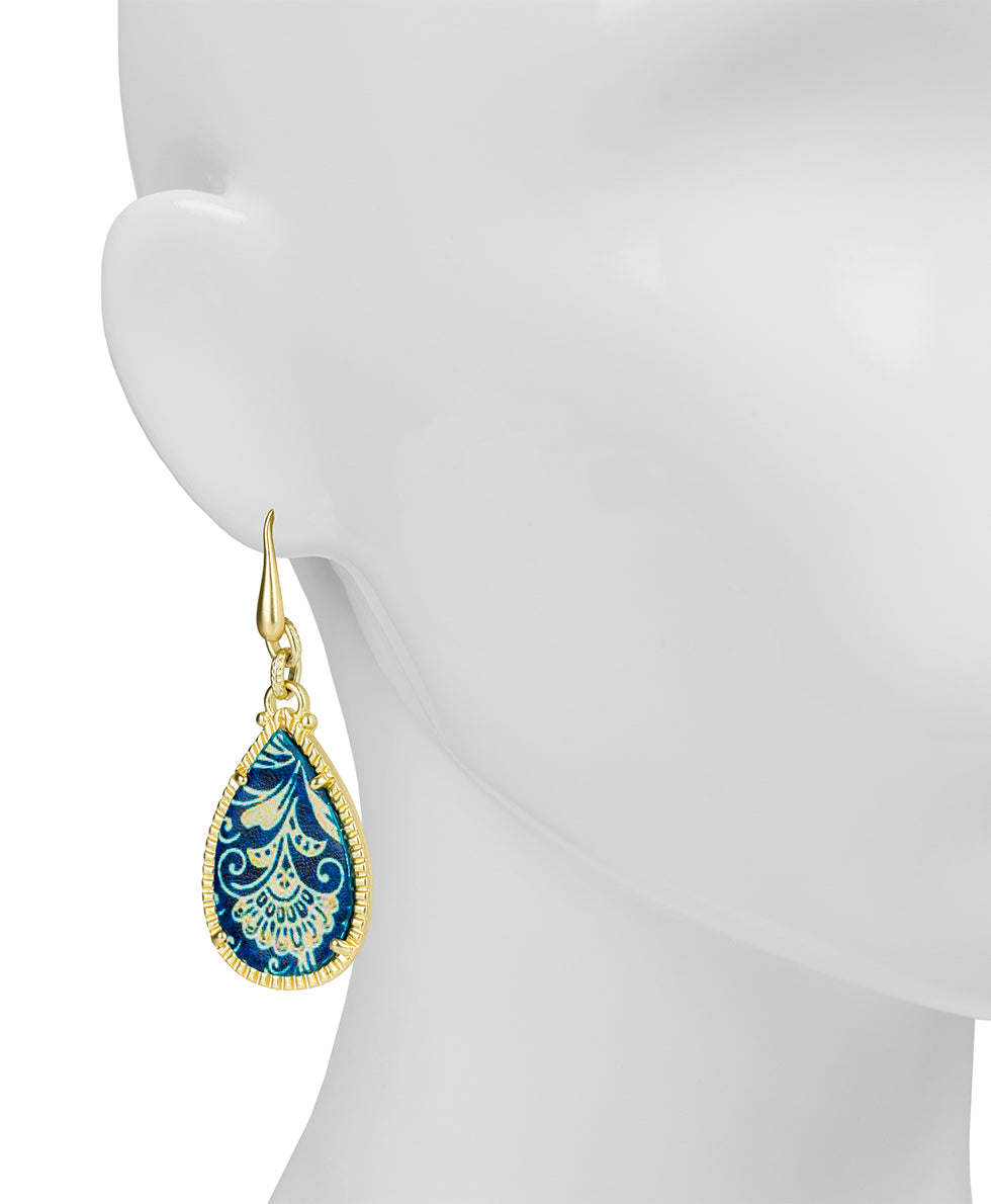 Female - Eleni Wire Drop Earrings - Leather Inset - greek floral spot / egyptian gold - by Patricia Nash - View 2 of 3