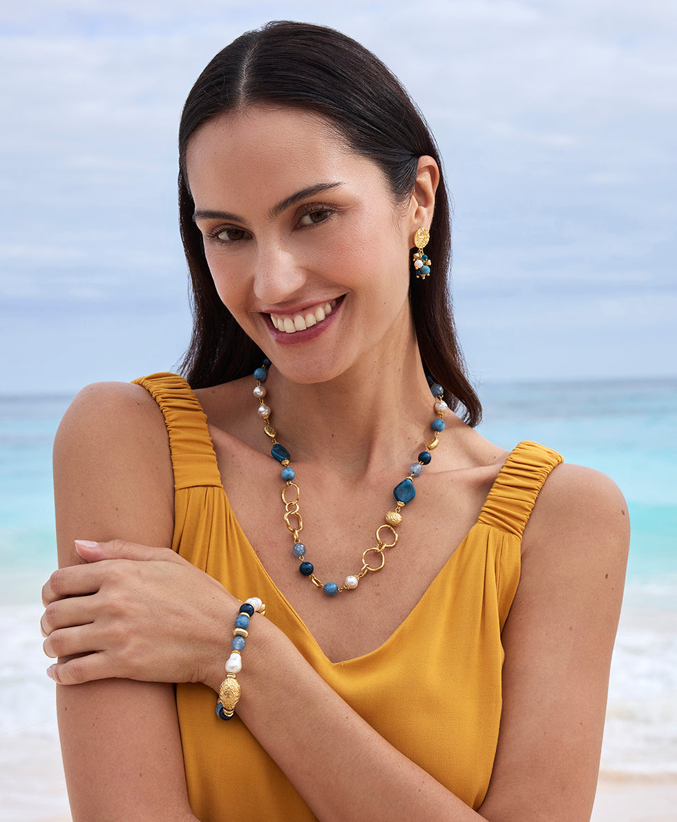Female - Textured Post with Multi Bead Drop Earrings - Eclectic Bead - blue / white - by Patricia Nash - View 3 of 3