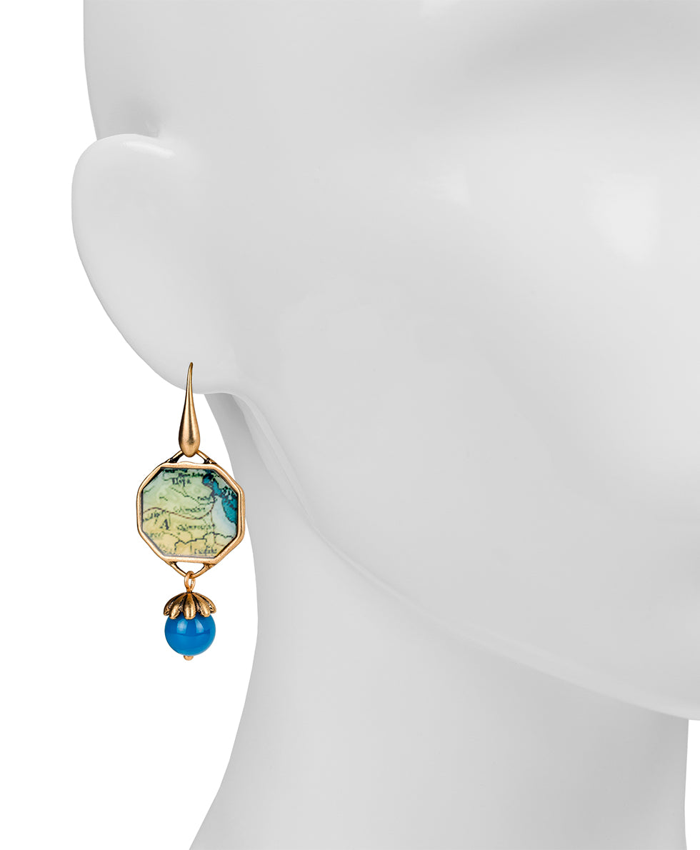 Female - Octagonal Drop Earrings - Greek Map - greek map / antique gold - by Patricia Nash - View 2 of 2