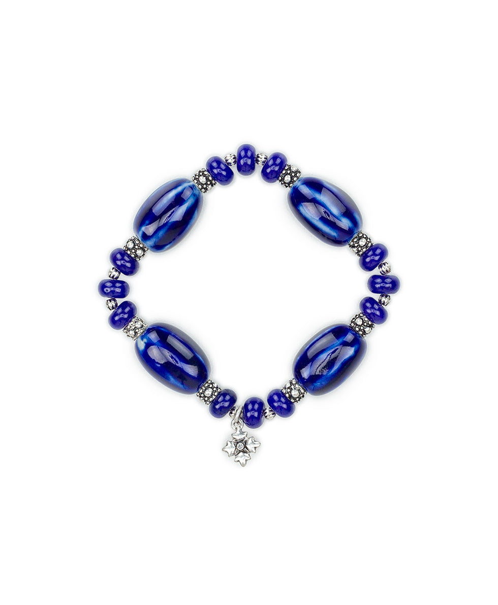 Female - Blue Textured Stretch Bracelet - Ceramic Bead - silver ox - by Patricia Nash - View 1 of 3