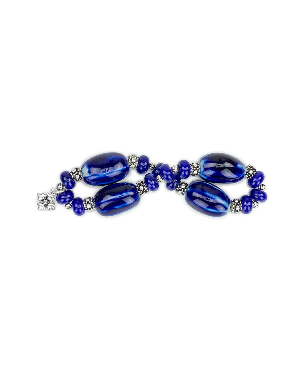 Female - Blue Textured Stretch Bracelet - Ceramic Bead - silver ox - by Patricia Nash - View 2 of 3