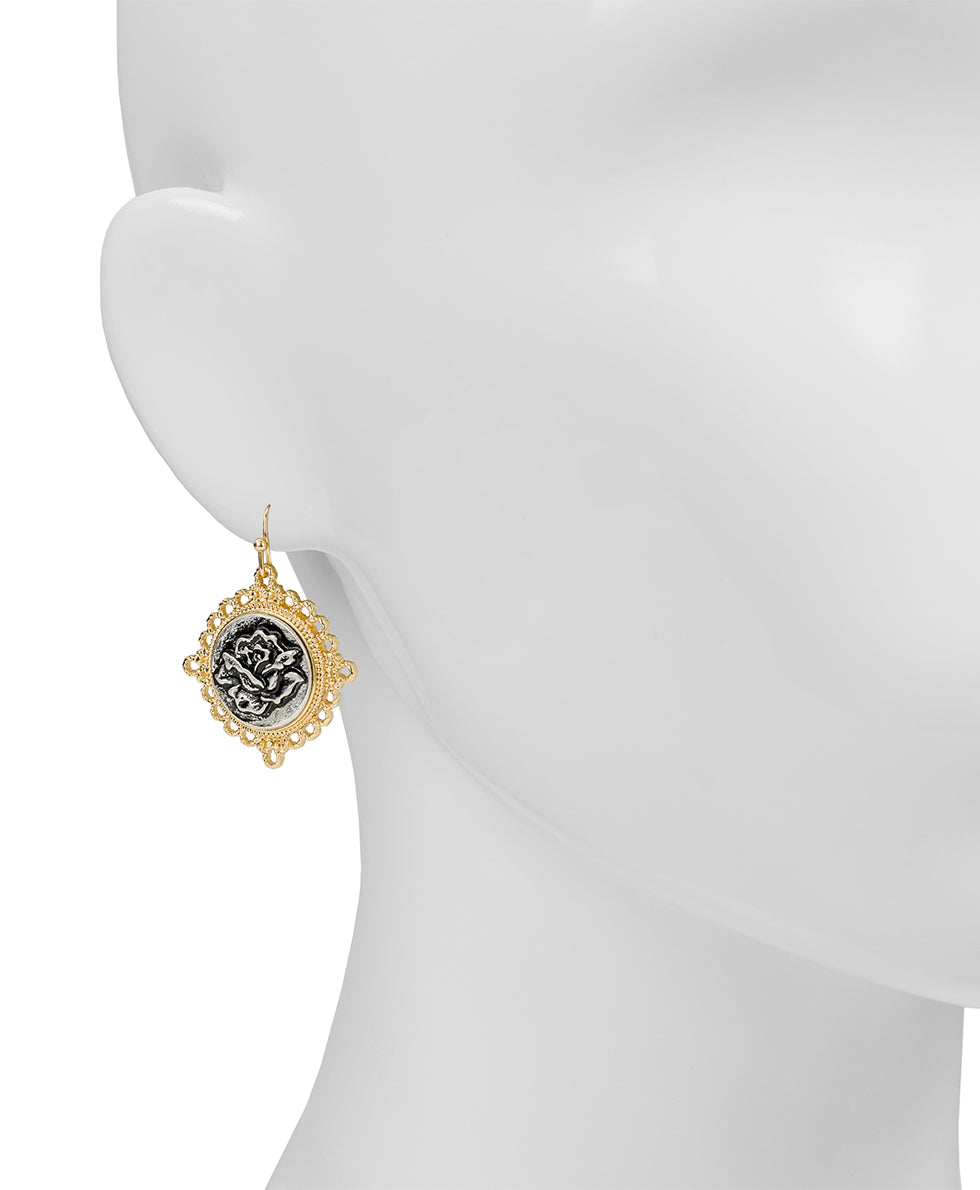 Female - Round Drop Earrings - Carved Metal Rose - matte gold / silver ox - by Patricia Nash - View 2 of 2
