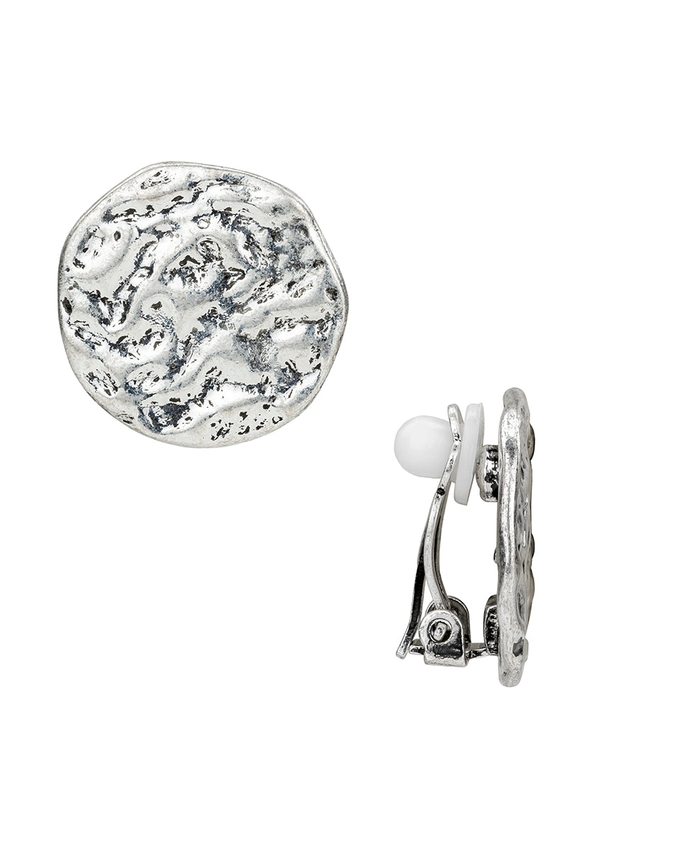 Female - Button Clip Earrings - Hammered Link - silver ox - by Patricia Nash - View 1 of 2