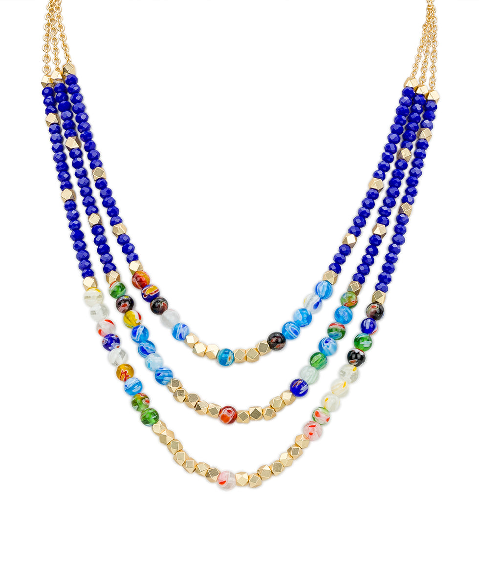 Female - Blue Bead Triple Strand Necklace - World Bead - matte gold - by Patricia Nash - View 1 of 3
