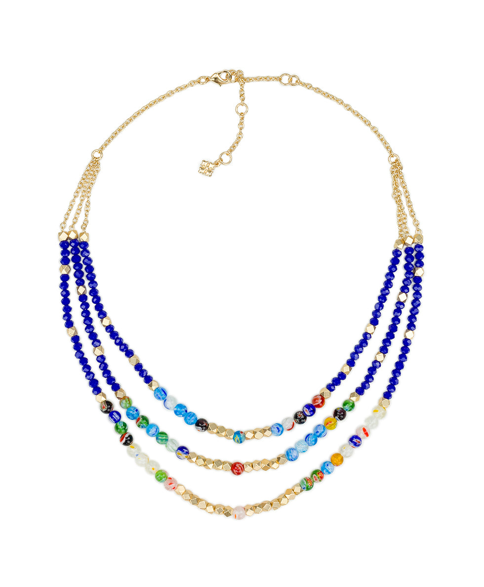 Female - Blue Bead Triple Strand Necklace - World Bead - matte gold - by Patricia Nash - View 2 of 3