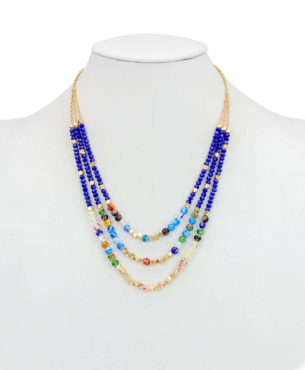 Female - Blue Bead Triple Strand Necklace - World Bead - matte gold - by Patricia Nash - View 3 of 3
